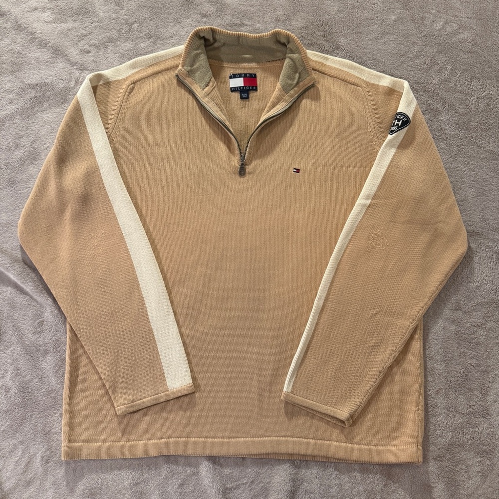 Y2K Tommy Hilfiger Quarter Zip Sweater Tan & White Stripe Flag Logo & Patch